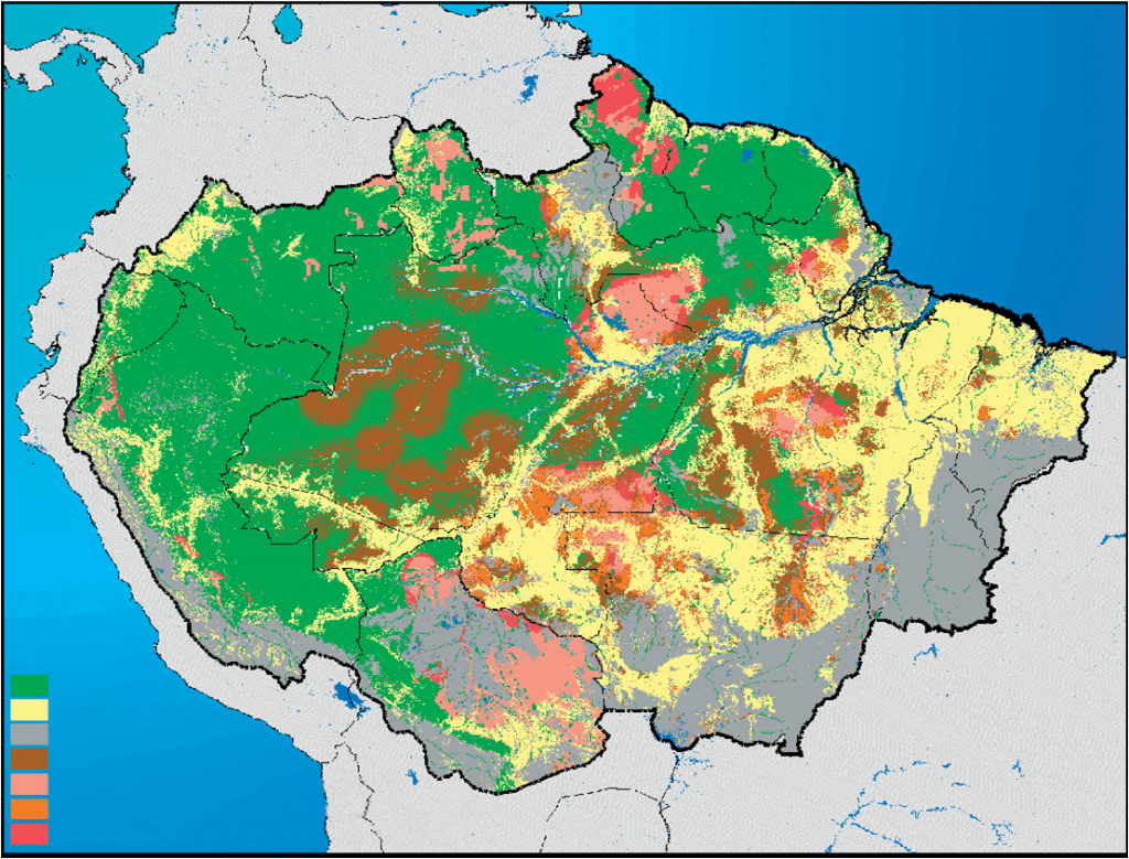 Map shows areas of deforestation. Yellos are áreas of high defrostation. Green is intact forest. Note the straight yellow lines that follow cross-cutting highways. Notice that Loreto is almost completely intact.(2)