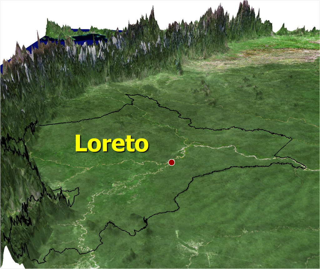 Map shows elevation levels in Loreto. Red dot indicates what is widely recognized as the technical start of the Amazon River.