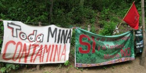 Banners hung along the road block site. La Puya, Guatemala