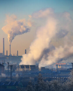 A petrochemical plant with visible smoke rising from its stacks, symbolizing manufacturing processes and pollution.