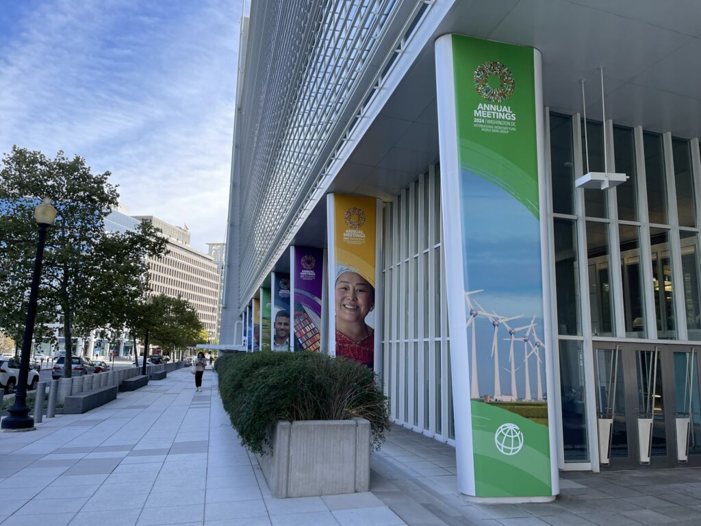 World bank building with large vertical banner promoting 2024 world Bank annual Meetings