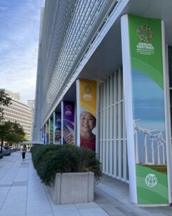 World bank building with large vertical banner promoting 2024 world Bank annual Meetings